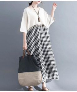 在庫ある | 短納期ロングリネンAラインワンピース ゆったりチェックワンピース 切り替えドッキングワンピ レディース 薄手 春夏衣装 通学通勤 オフィス カジュアル 海