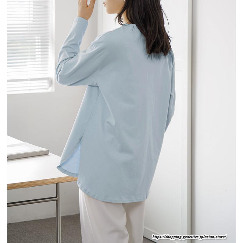 tシャツ・カットソー | Tシャツ Tシャツ コットン長袖オーバーサイズ裾ラウンドTシャツ レディース 綿Tシャツ 長袖Tシャツ クルーネック 秋物 ミドル丈 無地 丸首 長袖