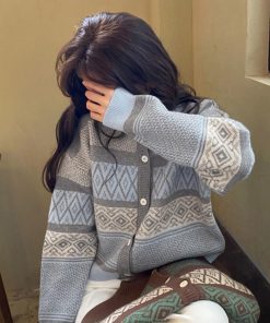 ニット・セーター | 幾何学柄カーディガン配色切替え韓国風