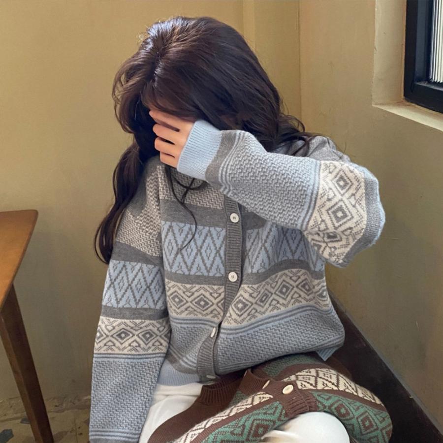 ニット・セーター | 幾何学柄カーディガン配色切替え韓国風