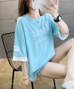 ｔシャツ・カットソー | ワイドTシャツ レディース ロング丈 5分袖 刺繍 韓国風 重ね着風 丸首 Tシャツ トップス 着痩せ 細身 カジュアル 人気 日常 上品 2021 アウトドア 夏新作 薄手