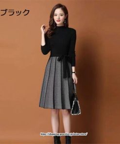 ミディアム | ニットワンピース レディース 秋冬 30代 40代 オシャレ 長袖 リボン Aラインプリーツスカート ニット 長袖 春 着痩せ 秋 冬 韓国風 OL通勤 二次会