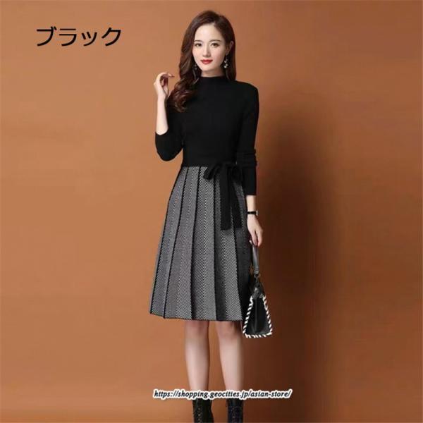 ミディアム | ニットワンピース レディース 秋冬 30代 40代 オシャレ 長袖 リボン Aラインプリーツスカート ニット 長袖 春 着痩せ 秋 冬 韓国風 OL通勤 二次会