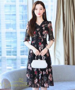 ミディアム | Aラインワンピース レディース 着痩せ 花柄 きれいめ おしゃれ 上品 20代 30代 40代 Vネック エレガント ワンピース 膝丈 上品 ミディアムワンピース サマー