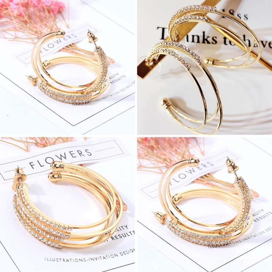 その他アクセサリー | 大ぶり ビジューピアス シルバー フープピアス 3連 リング ストーン きれいめ ゴールド