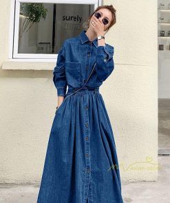 マキシ | ワンピース デニムワンピース 長袖 シャツワンピース デニムシャツ ジャケット 前開き 無地 Aラインワンピ ロングワンピ 可愛い 20代30代40代 ワンピ スリム