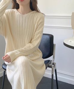 ニットワンピース | ワンピース 秋冬 太めリブニット ロングワンピース ミモレ丈 無地 フード付き 帽子 ストレッチ 大人 セーター 50代 長袖 20代30代 アウター