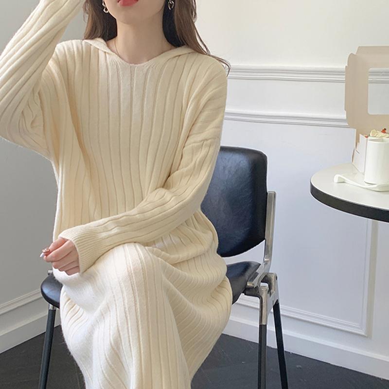 ニットワンピース | ワンピース 秋冬 太めリブニット ロングワンピース ミモレ丈 無地 フード付き 帽子 ストレッチ 大人 セーター 50代 長袖 20代30代 アウター