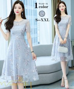 ミディアム | ワンピース エレガント レディース 膝丈 カジュアルワンピース 春 サマーワンピース 夏 新作 半袖 きれいめ グレー カジュアル 大きいサイズ お出かけ 花柄