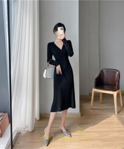 ニットワンピース | 二ットワンピース レディース ニットワンピ Vネック 長袖 トップス チュニック ロング丈 ミモレ丈 着痩せ 秋 冬 コーデ 20代30代40代 フェミニン 上品 大人