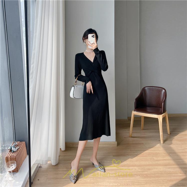 ニットワンピース | 二ットワンピース レディース ニットワンピ Vネック 長袖 トップス チュニック ロング丈 ミモレ丈 着痩せ 秋 冬 コーデ 20代30代40代 フェミニン 上品 大人