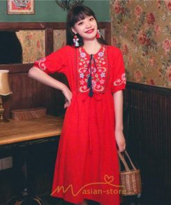 マキシ | ワンピース レディース 刺繍 綿麻 レトロ調 インスタ映え ナチュラル エスニック風 民族風 ボヘミアン 柔らかい SNS映え リゾート 赤 黄色 撮影 白