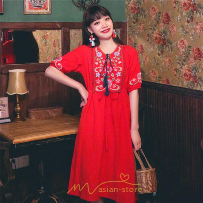 マキシ | ワンピース レディース 刺繍 綿麻 レトロ調 インスタ映え ナチュラル エスニック風 民族風 ボヘミアン 柔らかい SNS映え リゾート 赤 黄色 撮影 白