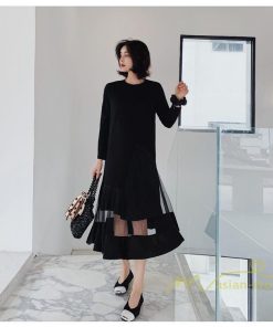 マキシ | 黒ワンピース 長袖ワンピース 秋物 レディース 切り替えワンピース ゆったり 大きいサイズ 裾チュール 30代40代 大人 20代50代 かわいい 通学通勤 ワンピース