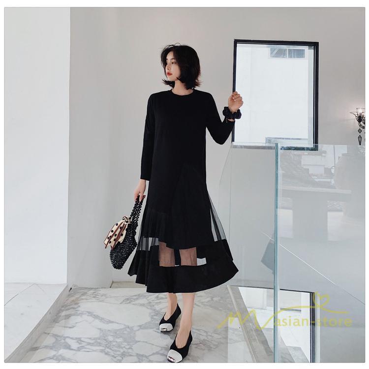 マキシ | 黒ワンピース 長袖ワンピース 秋物 レディース 切り替えワンピース ゆったり 大きいサイズ 裾チュール 30代40代 大人 20代50代 かわいい 通学通勤 ワンピース