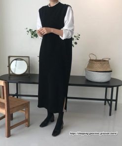 ベスト | ニットベストワンピース ロングレディース ベストワンピース ロングワンピース ニットワンピース ノースリーブ 袖なし サイドスリット入れ 丸首 無地
