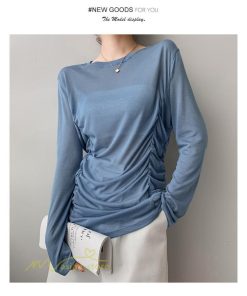 tシャツ・カットソー | Tシャツ Tシャツ レディース 無地 長袖 トップス カジュアルTシャツ おしゃれ クルーネック 秋服 夏秋 インナー 日常感 大きいサイズ 薄手 タック ゆったり 上品