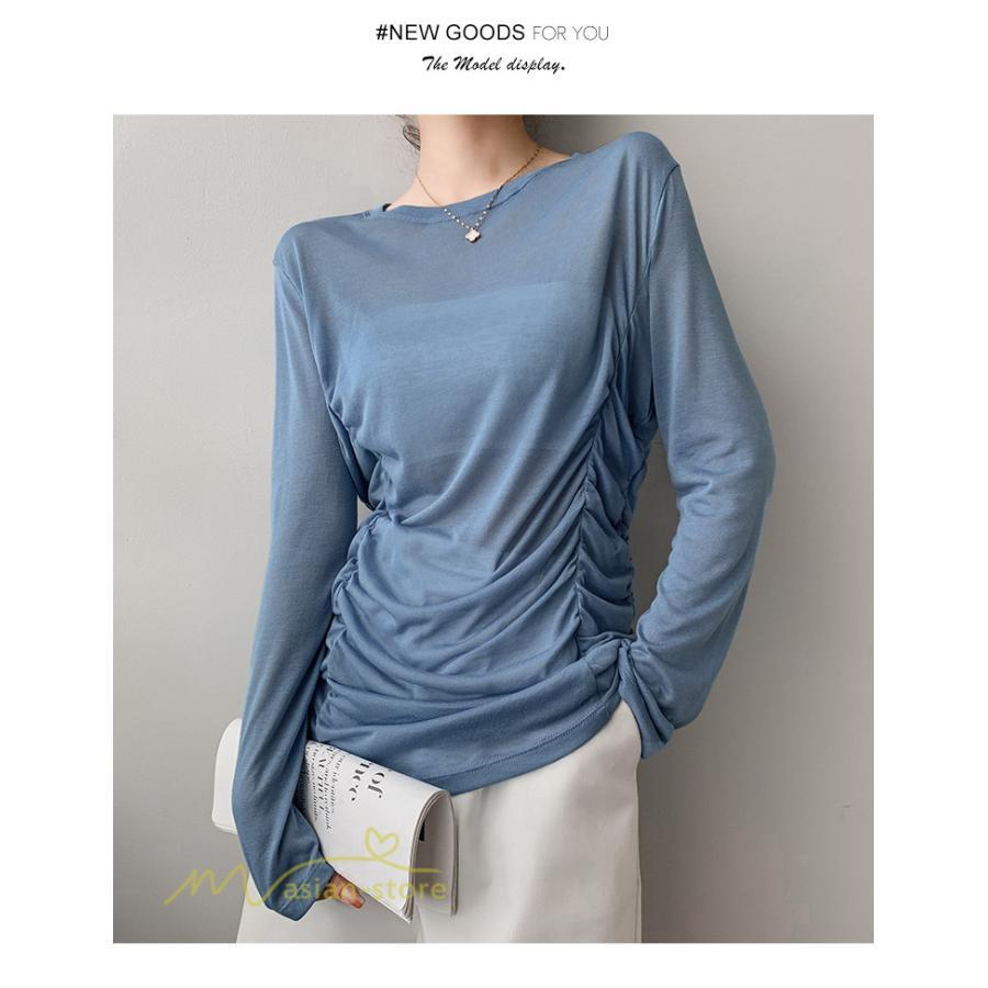 tシャツ・カットソー | Tシャツ Tシャツ レディース 無地 長袖 トップス カジュアルTシャツ おしゃれ クルーネック 秋服 夏秋 インナー 日常感 大きいサイズ 薄手 タック ゆったり 上品