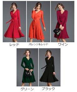 ミディアム | ワンピース レディース ひざ丈ワンピ フレアワンピース Ｖネック 長袖 体型カバー ワンピース 通勤 二次会 カジュアル パーティー 上品 リボン付き