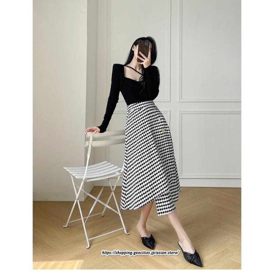 スカート | ロングきれいめ レディース ロング丈 Aライン 20代 30代 40代 50代 秋 冬 千鳥格柄 細見え 可愛い ハイウエスト お出かけ 高見え