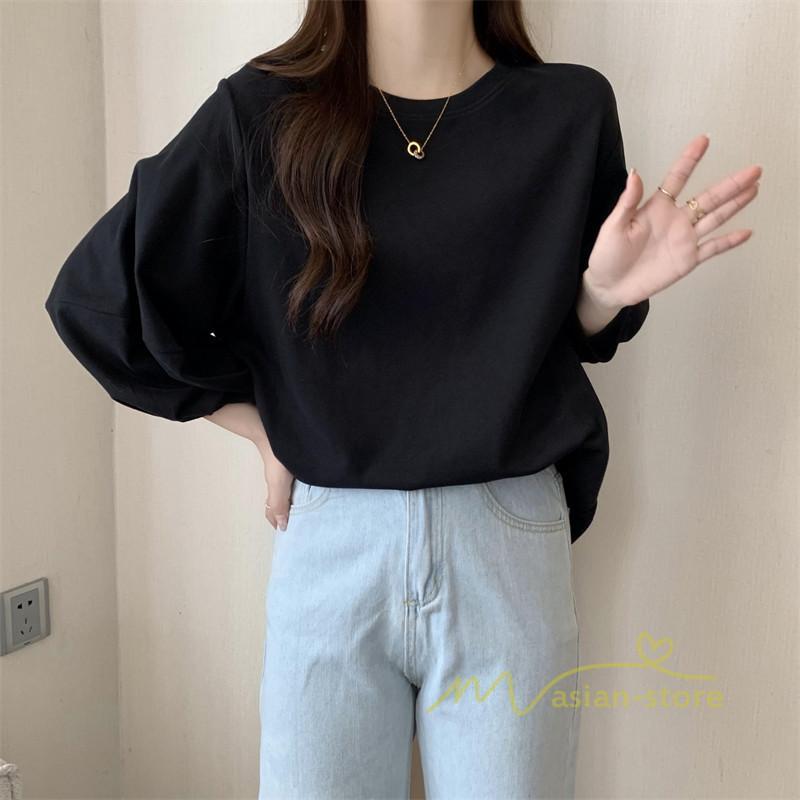 tシャツ・カットソー | 7分袖Tシャツ レディース Tシャツ 夏服 秋物 夏秋物 トップス 夏秋服 パフスリーブ ゆったり 無地 丸首 秋コーデ 春夏秋 可愛い 20代30代 40代50代 夏コーデ