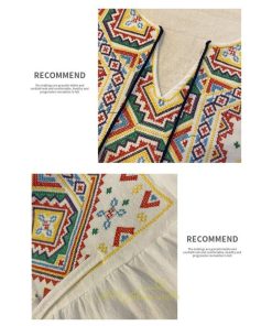 マキシ | ワンピース レディース 刺繍 綿麻 レトロ調 インスタ映え ナチュラル エスニック風 民族風 ボヘミアン 撮影 リゾート 柔らかい ウエストリボン長袖 イベント