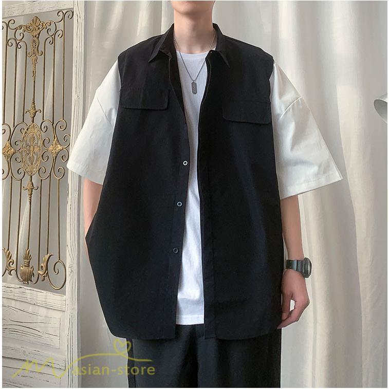 シャツ | ライトアウター メンズ ワイドカジュアル 切り替え トップス ゆったり 5分袖 韓国風 カッコウイイ ゆる夏コーデ オーバーサイズ 大きいサイズ