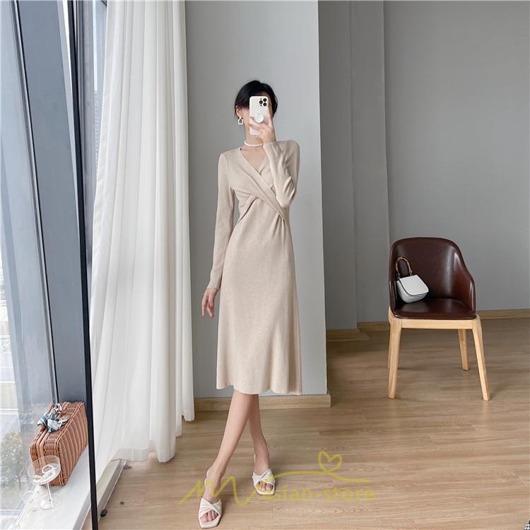 ニットワンピース | 二ットワンピース レディース ニットワンピ Vネック 長袖 トップス チュニック ロング丈 ミモレ丈 着痩せ 秋 冬 コーデ 20代30代40代 フェミニン 上品 大人