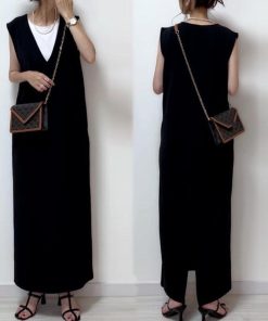 マキシ | ロングワンピース 20代30代 ノースリーブ スリム ストリート ワンピ 無地 40代50代 黒 タンクトップワンピース 涼しい 可愛い スリット セクシー Vネック