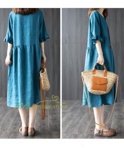 ミディアム | ワンピース レディース 40代 50代 半袖 きれいめ ゆったり ミディ丈 30代 ミディアム丈 綿麻混ワンピース 韓国ファッション 丸首 上品 カジュアル 夏物 お出かけ