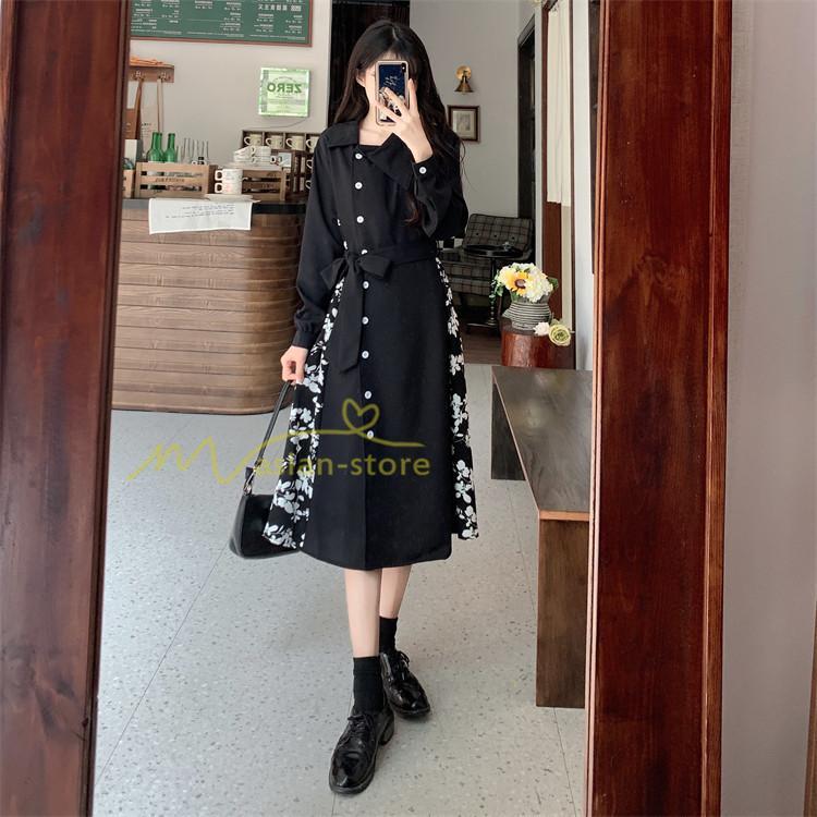 マキシ | ロングワンピース 秋物 レディース ミモレ丈 Aラインワンピース 切り替え フェイク レイヤード風 シャツワンピ お呼ばれワンピース 30代40代 着やせ 重ね着風