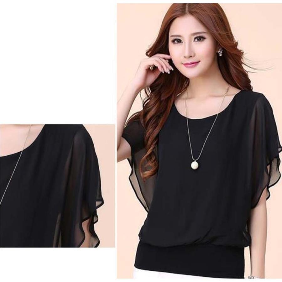 シャツ・ブラウス | レディース シフォンブラウス 半袖 無地 ラウンドネック ドルマンスリーブ トップス