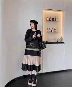 マキシ | スウェットワンピース ロングワンピース スウェット プリーツ裾 切り替え ゆったり 体型カバー 大きいサイズ 50代 かわいい 秋冬 大人 20代30代