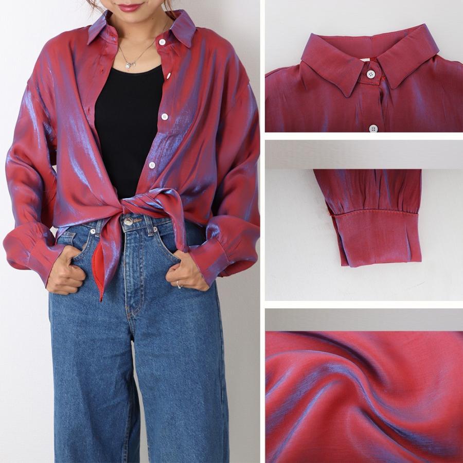 カーディガン | 光沢 サテン 春 レディース ブラウス ロングシャツ 夏 トップス 長袖 カラーシャツ レトロデザイン