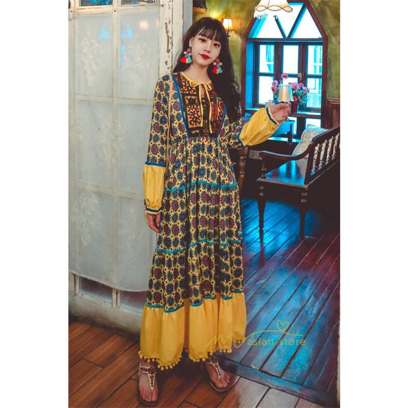 マキシ | ワンピース レディース 春夏 マキシワンピース 長袖ワンピース 綿麻 無地 Aライン フレアワンピース ハイウェスト エスニック ボヘミア風 ロング リゾート
