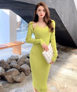 タイト | ニットワンピース長袖 タイトワンピース ストレッチワンピース 長袖ワンピース 膝丈 スリム お呼ばれ セクシーワンピース 上品 高級感 美ライン