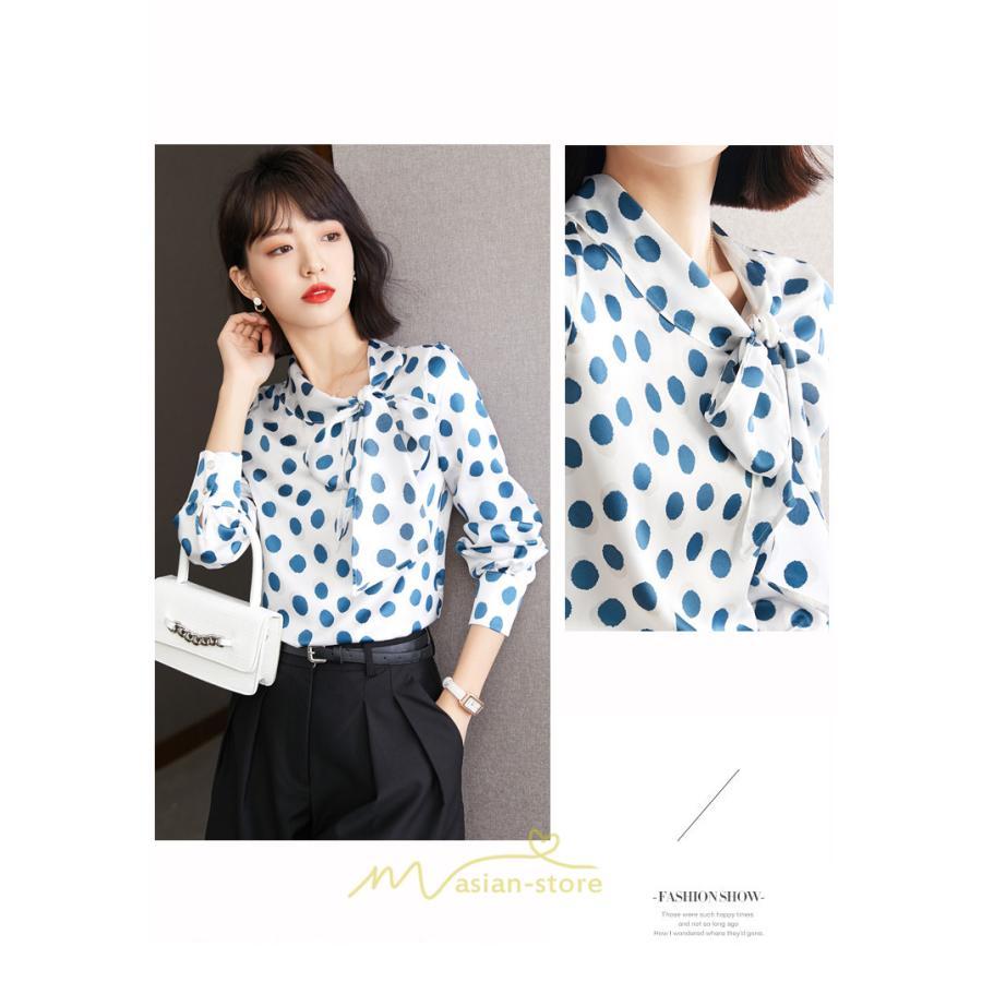 シャツ・ブラウス | ブラウス レディース シャツ トップス リボン 長袖 シフォン オフィス ドット柄 おしゃれ 高級感 ゆったり 日常 体型カバー デート 外出 通勤 着痩せ