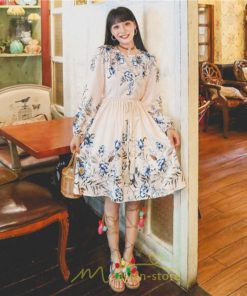 ミニ丈 | ワンピース ひざ丈 膝上 着映え 着痩せ 長袖 ゆったり 大人っぽ 普段使い 旅行 部屋着 お出かけ ベージュ 青 かわいい きれいめ 花柄 SNS映え リゾート レトロ風