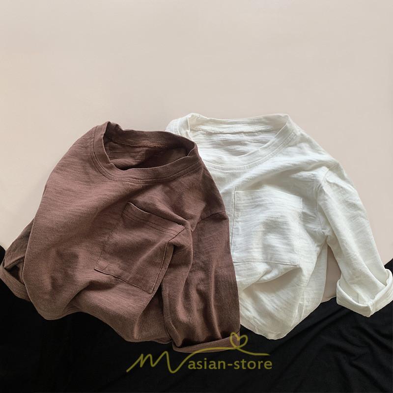 衣装 服 | 子供服 子ども服 こども服 キッズ 長袖tシャツ 女の子 男の子 長袖 トップス ロンT クルーネック コットン 高品質 保育園 胸ポケット シンプル 無地 可愛い