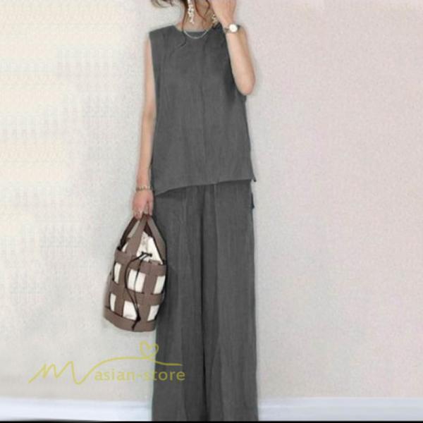 セットアップ | レディース 夏新作 無地 薄手 ワイドパンツ キャミソール ノースリーブ 薄手 上下セット ロングパンツ ガウチョパンツ ルームウェア 可愛い