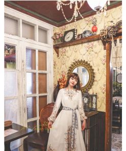 マキシ | ロングワンピース 長袖 レディース プリント Aラインワンピース 30代40代 ゆったり ワンピ 広い裾 ベルト付き ダンス プリンセス 舞台 落ち感 コスプレ