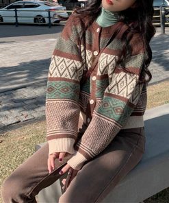 ニット・セーター | 幾何学柄カーディガン配色切替え韓国風