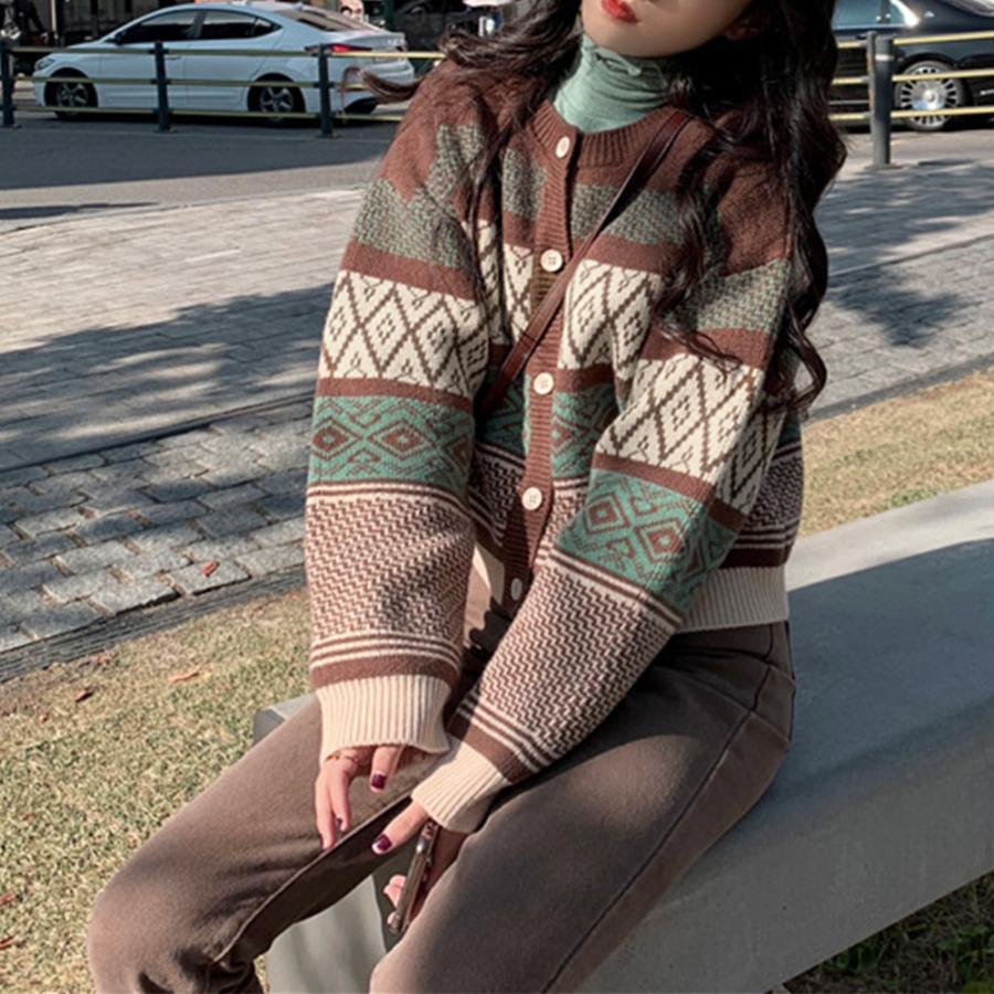 ニット・セーター | 幾何学柄カーディガン配色切替え韓国風