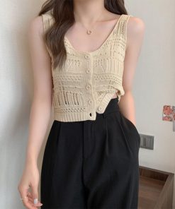 透かし編みトップス | 透かし編み タンクトップ スクエアネック