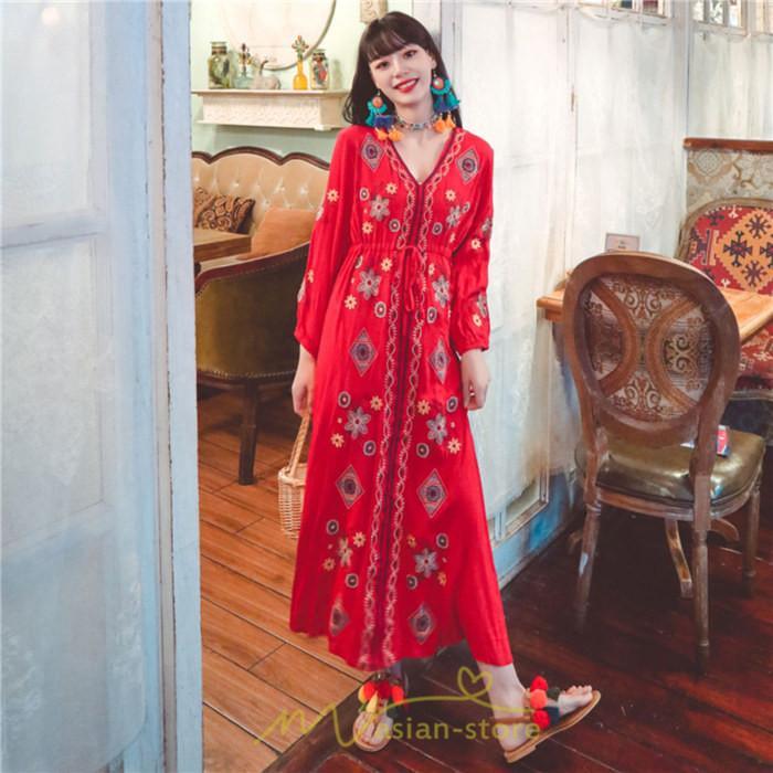 マキシ | ワンピース 長袖 レディース ロング丈 マキシ丈 綿麻 コットン リネン Aライン ゆったり 体型カバー 大人 可愛い 海外旅行 秋 夏 エスニック ナチュラル 春