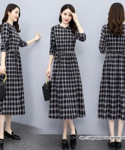 マキシ | チェックワンピース 秋ワンピース ロングワンピース 長袖ワンピース レディース ワンピース 秋物 ミモレ丈 スリム 大人 長袖 チェック柄 リボン付き 30代