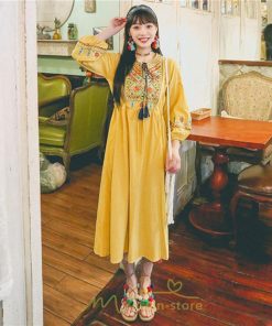 マキシ | ワンピース 長袖 夏 秋 レディース 綿麻 きれいめ ロング リゾート  体型カバー イベント デート デート服 ジャーニー 女子会 旅行 外出 楽ちん エスニック風