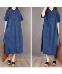 デニムワンピース | ワンピース シャツワンピース ロングデニムシャツワンピース 無地 膝丈 ゆったり 可愛い 半袖 カジュアル 夏コーデ 日常感 体型カバー 大人