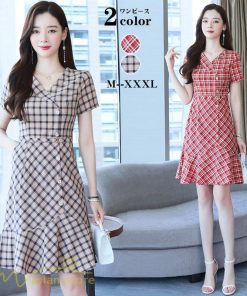 ミディアム | ワンピース チェック柄 レディース 膝丈 カジュアルワンピース Aライン フレア おしゃれ 上品 大きいサイズ きれいめ 夏服 上品 サマーワンピース エレガント