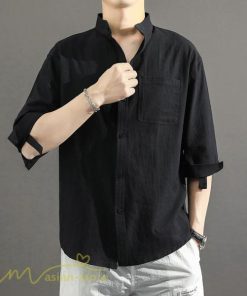 シャツ | 夏メンズ 麻 綿 カジュル 7分丈 カッコイイ ワイドゆったり 夏コーデ 新作 サマー風 スタンドカラー 日常感 無地 5XL ボタン 上品 大きいサイズ